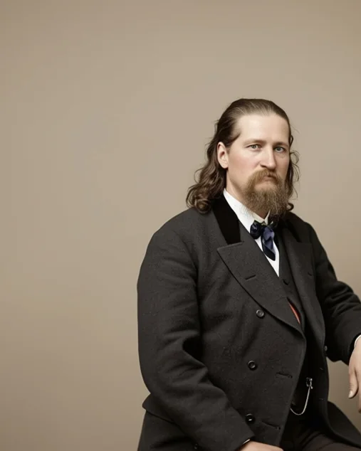 Wild Bill Hickok sitzend mit langem welligem Haar und Schnurrbart im dunklen Mantel, nach einer Ferrotypie um 1876 koloriert
