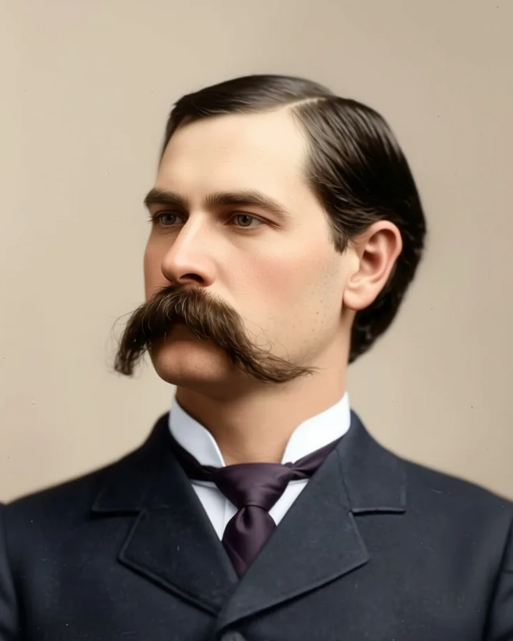 Wyatt Earp als junger Mann mit dunklem Haar und dichtem Schnurrbart im dunklen Anzug, nach einem historischen Foto koloriert
