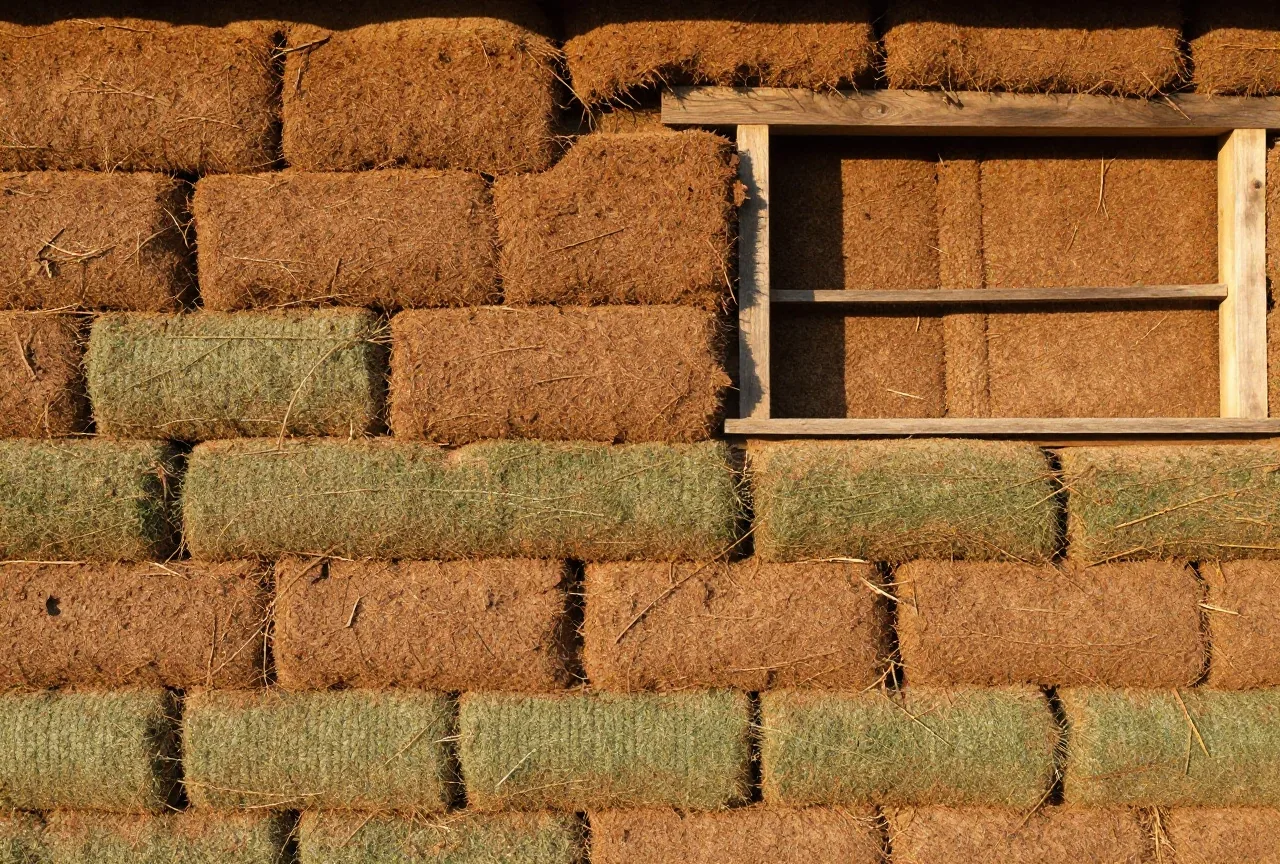 Wand eines Sodenhauses aus rechteckigen Blöcken von Büffelgras, mit der Grasseite nach unten in versetzten Reihen geschichtet, darin ein hölzerner Fensterrahmen im warmen Nachmittagslicht