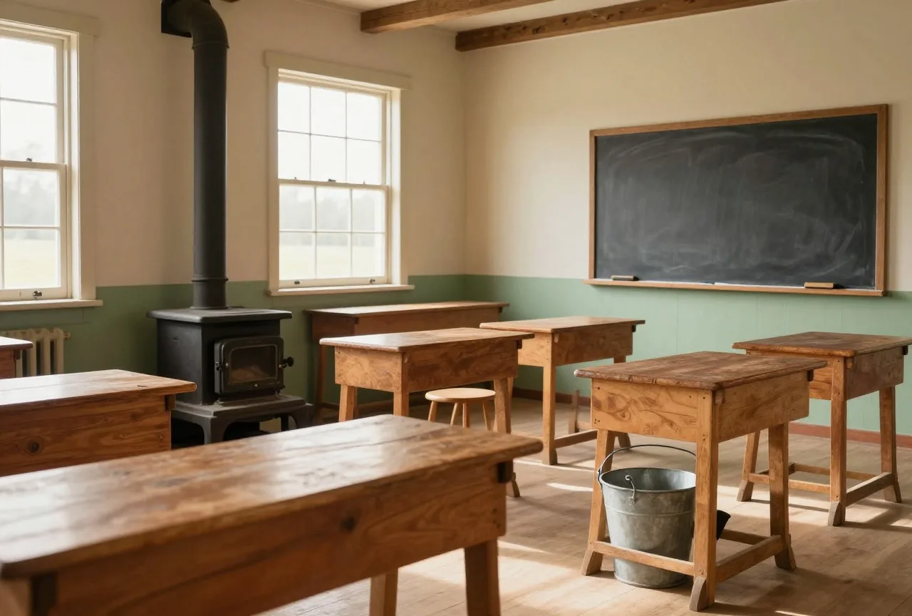 Innenraum eines Schulhauses mit einem Raum: Reihen hölzerner Schulbänke, ein gusseiserner Ofen, eine leere Schiefertafel und ein Wassereimer mit Schöpfkelle im Nachmittagslicht hoher Fenster