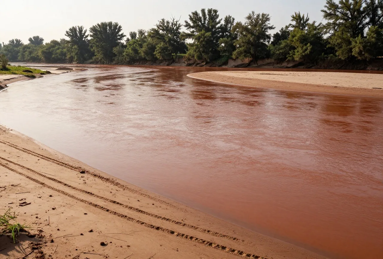 Breiter rötlicher Fluss mit Sandbänken an einer weiten Biegung, Pappeln am anderen Ufer und Rinderspuren im nassen Sand im späten Nachmittagslicht