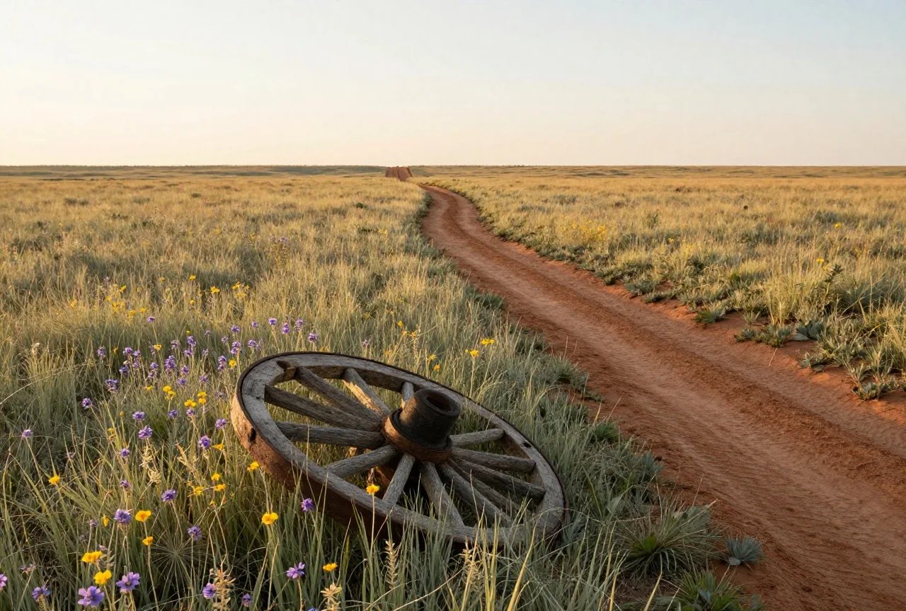 Breite flache Mulde eines alten Viehwegs im Grasland, die bis zum Horizont führt, Wildblumen im Vordergrund und ein verwittertes Holzrad im Gras, goldenes Abendlicht