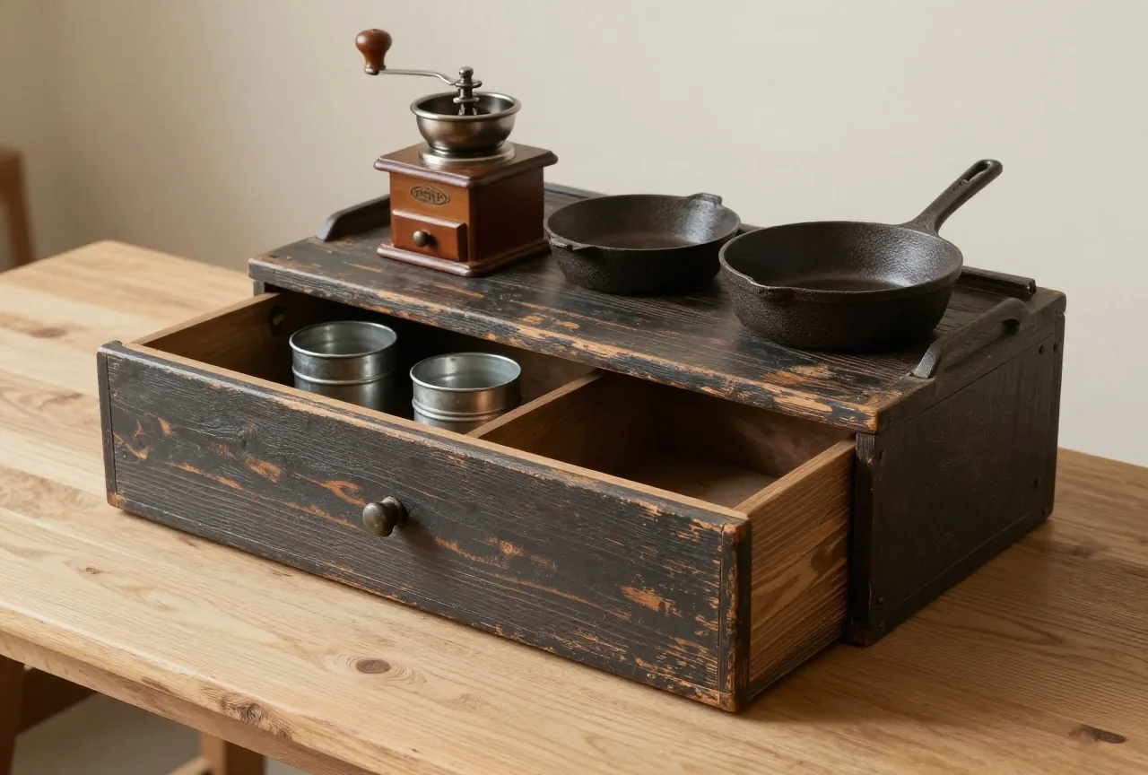 Geöffneter Vorratskasten aus altem, dunklem Kiefernholz mit heruntergeklappter Platte und einfachen offenen Fächern, darin Blechbecher, eine Kaffeemühle und gusseiserne Pfannen im warmen Nachmittagslicht