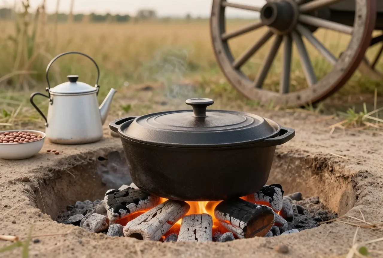 Gusseiserner Dutch Oven auf glühenden Kohlen in einer flachen Feuergrube, daneben eine verbeulte emaillierte Kaffeekanne und ein Topf Bohnen, dahinter unscharf Präriegras und ein Wagenrad