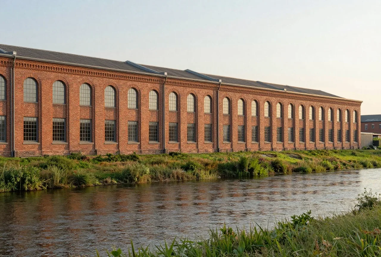 Langgestrecktes Fabrikgebäude aus rotem Backstein mit hohen Fenstern an einem breiten Fluss, davor Uferwiesen im warmen Licht des späten Nachmittags