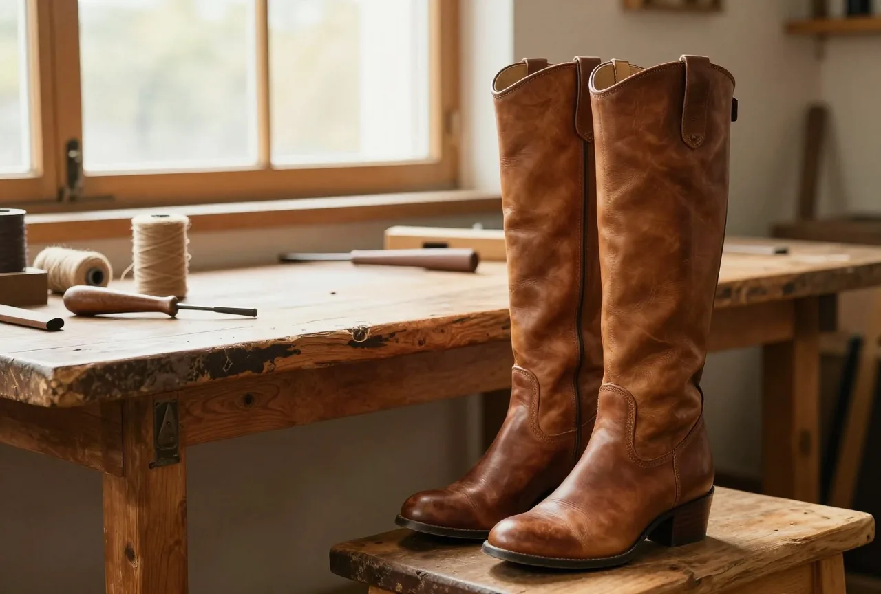 Paar hohe Lederstiefel mit schrägem Absatz und geschwungenem Schaft neben einer hölzernen Schusterwerkbank mit Leisten, Ahle und gewachstem Faden, warmes Fensterlicht in einer kleinen Werkstatt