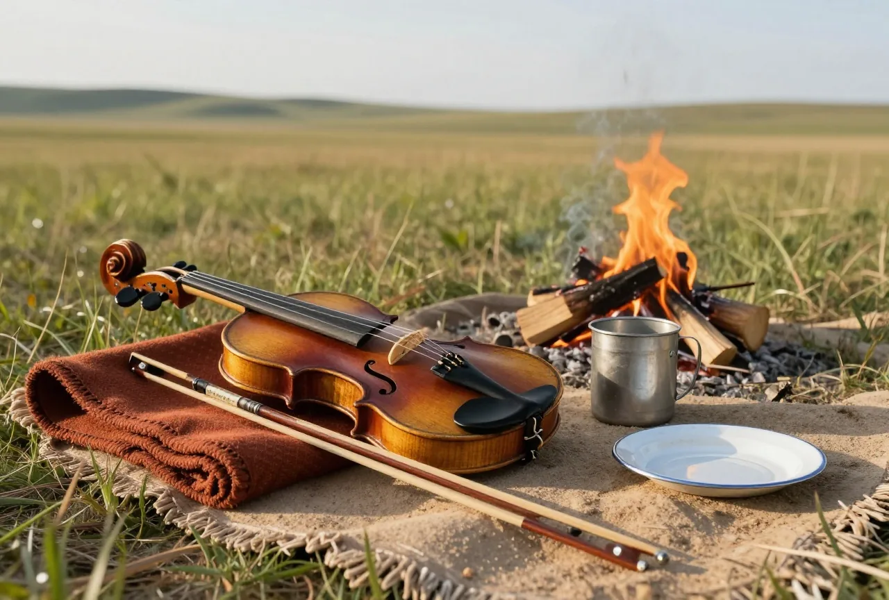 Hölzerne Fiddle mit Bogen auf einer Satteldecke neben einem kleinen Lagerfeuer in der Prärie, daneben ein Blechbecher und ein Emailleteller, weites Grasland im Licht der späten Nachmittagssonne
