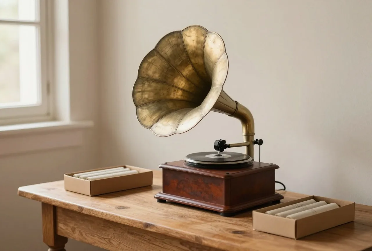 Alter Walzenphonograph mit großem Messingtrichter auf einem schlichten Holztisch in einem einfachen Ranchzimmer, daneben Wachswalzen in offenen Kartons, Licht fällt durch ein Fenster