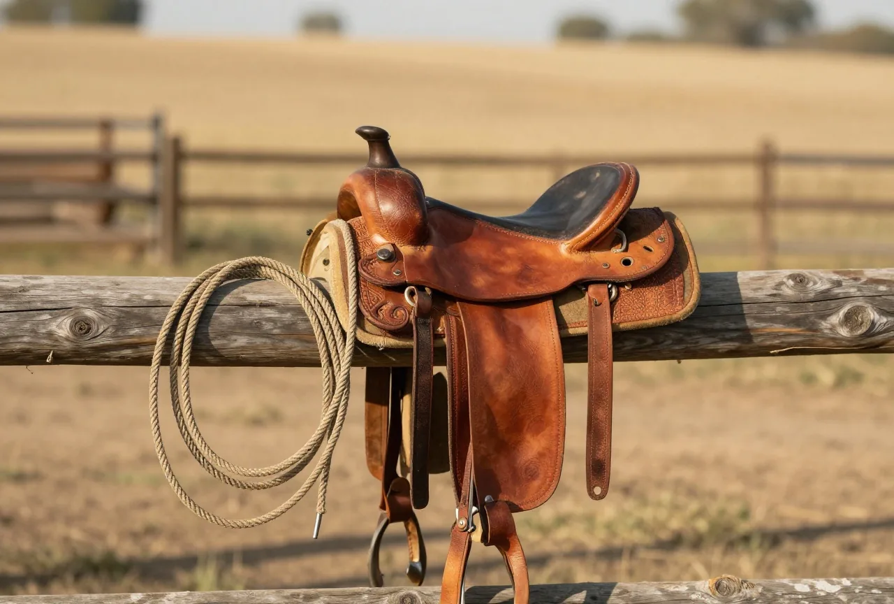 Westernsattel aus abgegriffenem Leder mit hohem Sattelhorn, daneben ein aufgerolltes geflochtenes Lasso auf einem Holzzaun im warmen Nachmittagslicht