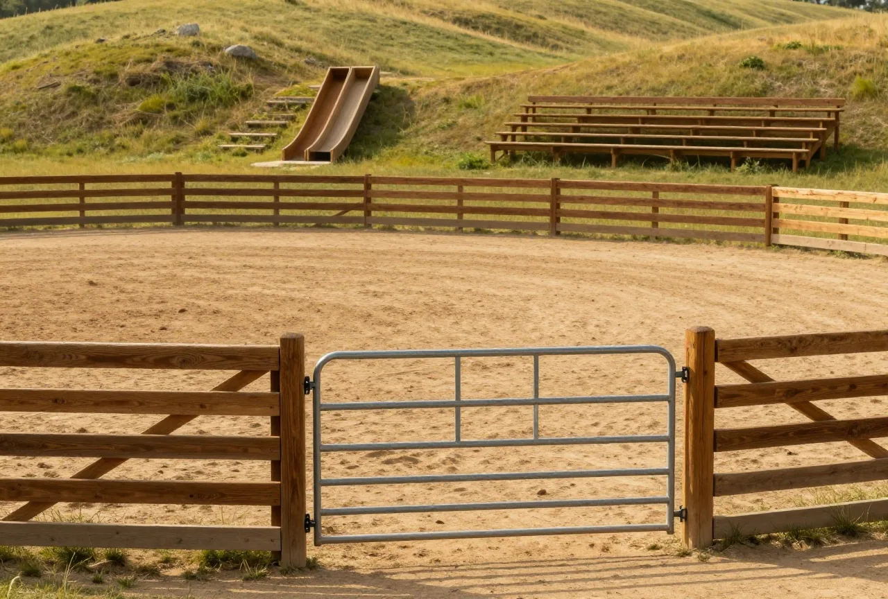 Leere Rodeoarena mit Holzzäunen und Gattern, dahinter Tribünen aus Holz und Hügel im goldenen Licht des späten Nachmittags
