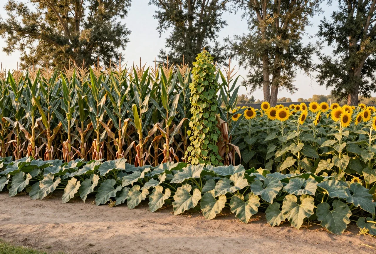Garten auf einer Flussaue mit hohen Maispflanzen, an denen Bohnenranken emporklettern, großen Kürbisblättern am Boden und einer Reihe Sonnenblumen, dahinter Pappeln im warmen Licht des späten Nachmittags