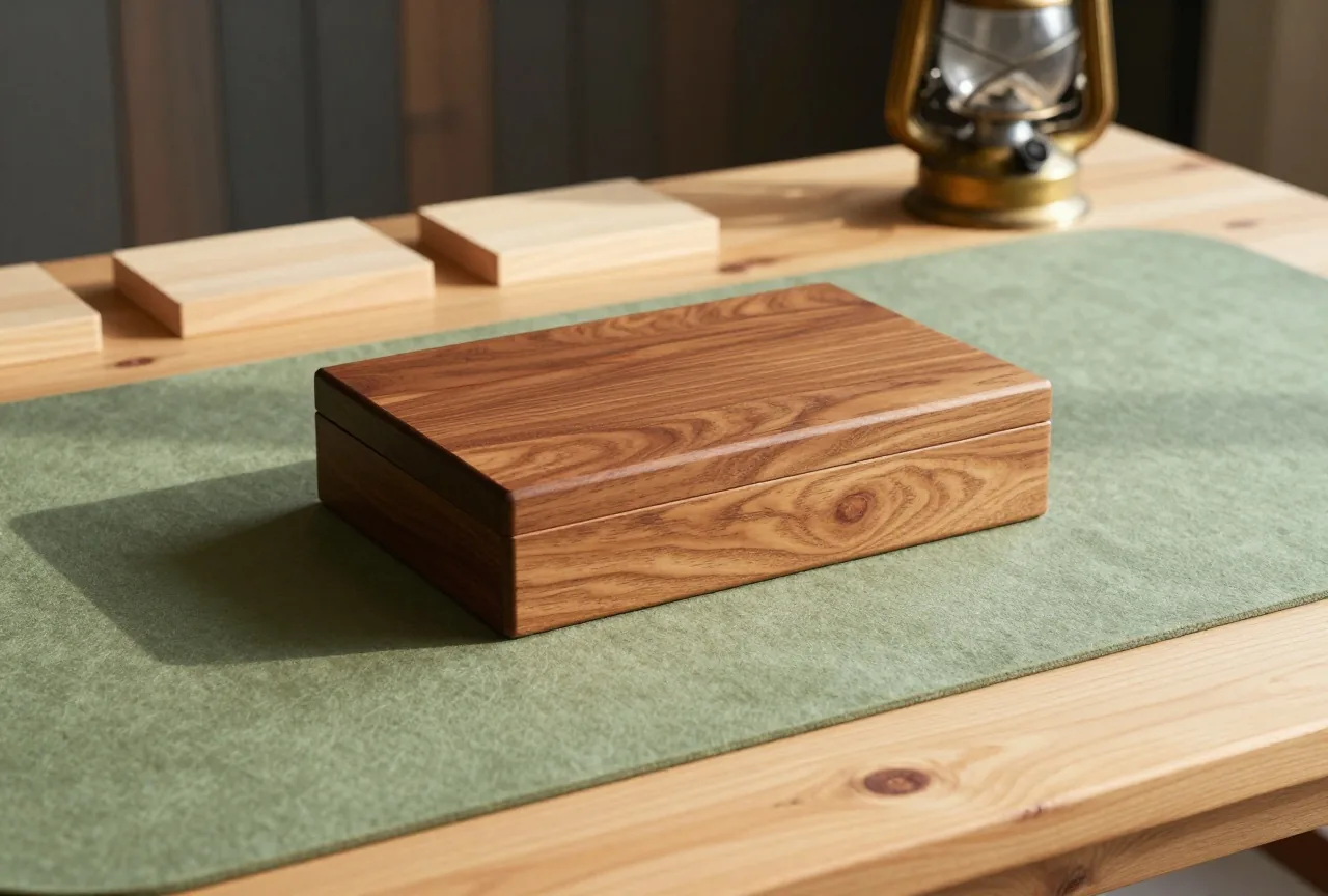 Grün bespannter Spieltisch mit einem geschlossenen Holzkästchen, einigen schlichten Spielmarken aus Holz und einer Messinglampe in einem leeren Saloon im warmen Nachmittagslicht
