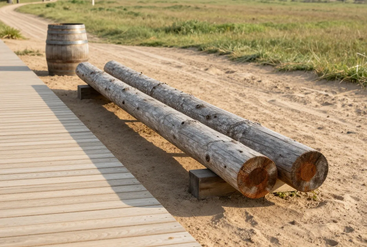 Verwitterte hölzerne Anbindestange neben einem Bretterweg an einer staubigen, unbefestigten Straße, am Eck ein Wasserfass aus Holz, dahinter flaches Grasland, lange Schatten am Nachmittag