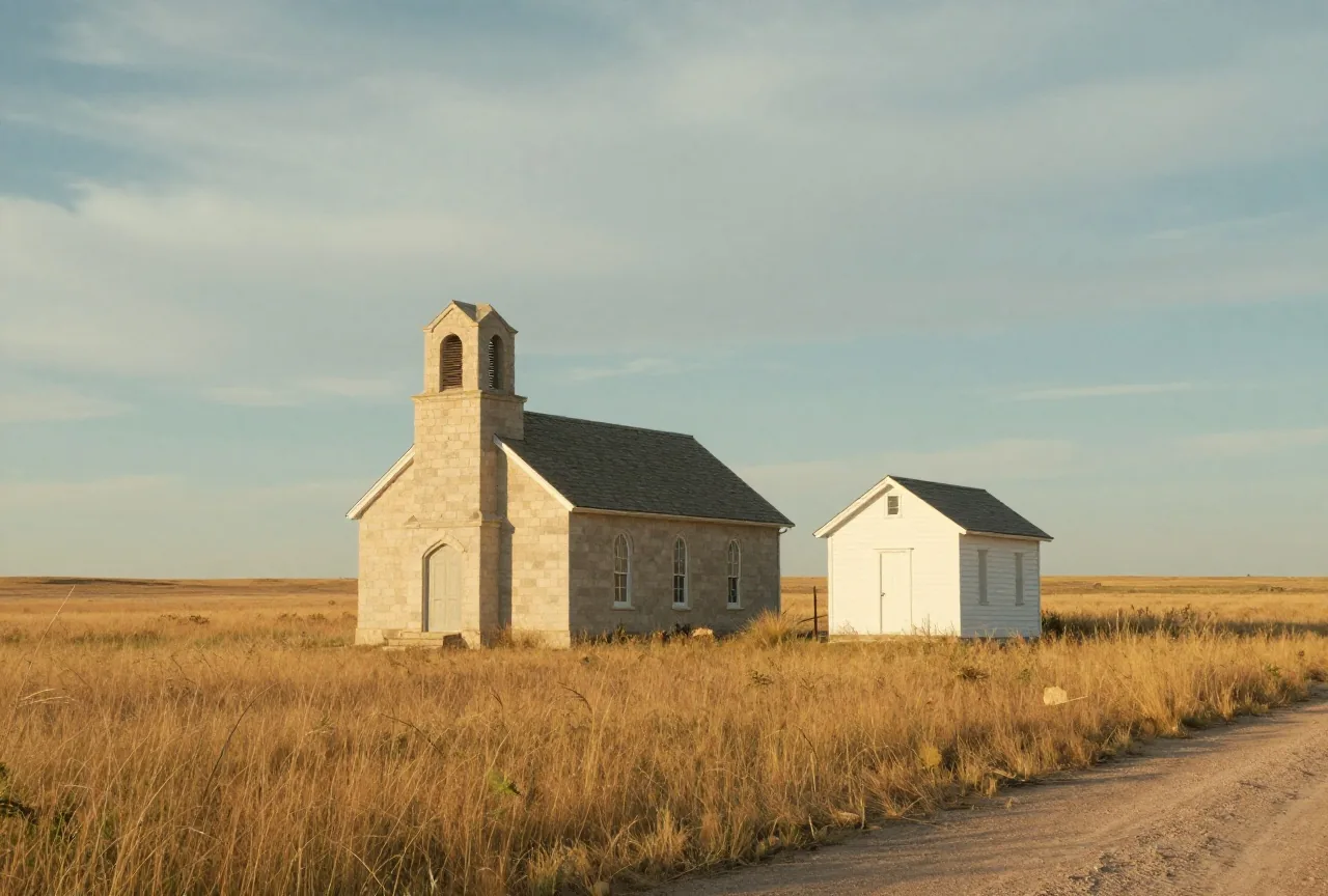 Schlichte Kirche aus hellem Kalkstein und ein kleines Schulhaus aus Holz auf der weiten Prärie von Kansas unter hohem Himmel am späten Nachmittag