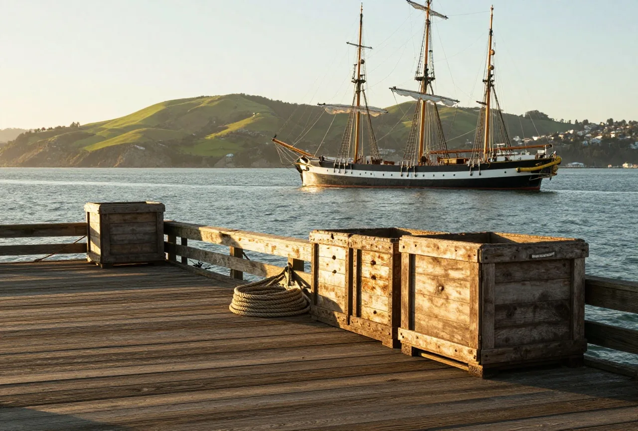 Hölzerner Anleger an der Bucht von San Francisco mit einem vertäuten alten Segelschiff, aufgeschossenen Tauen und Kisten, dahinter Hügel im goldenen Licht des späten Nachmittags