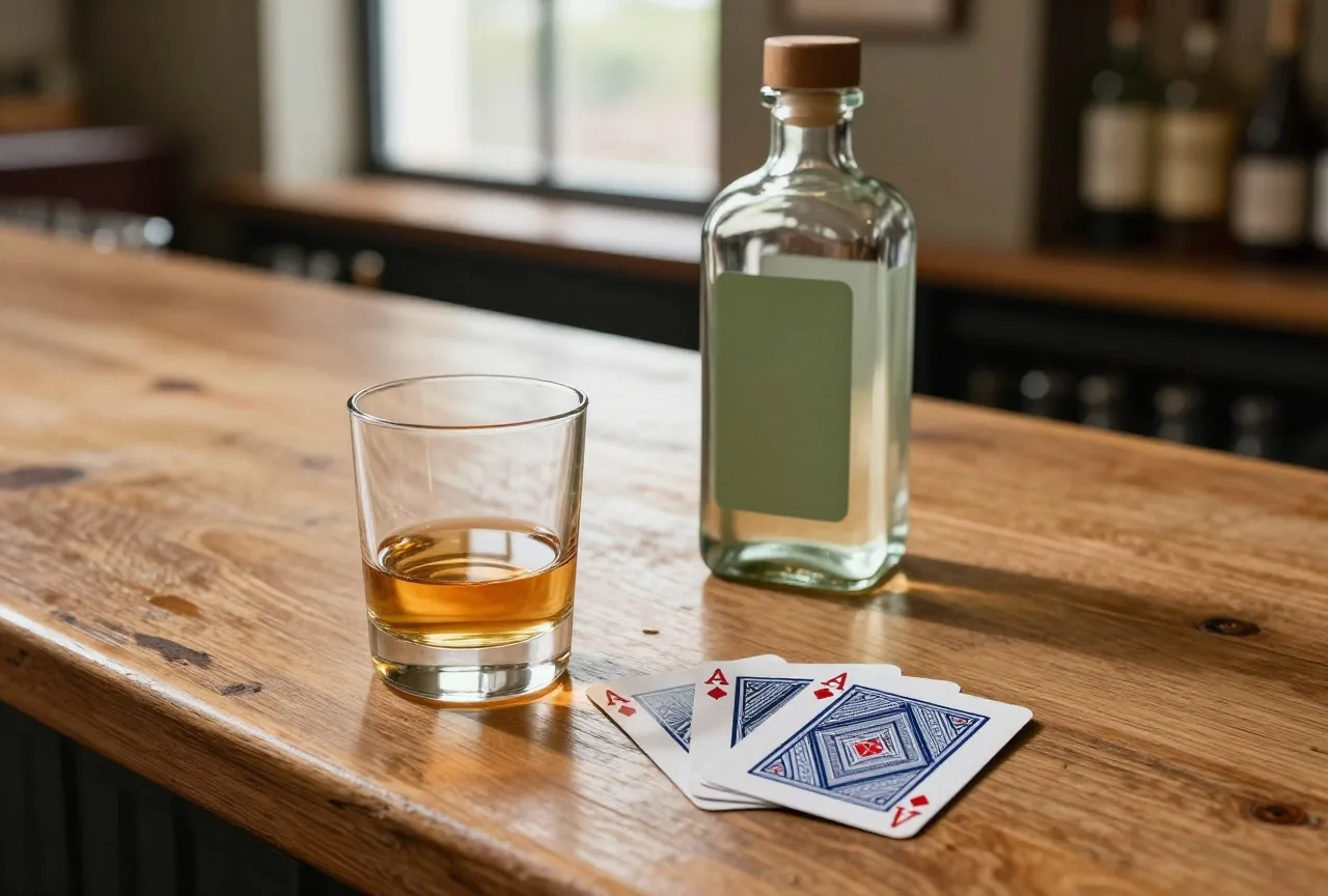 Glas Whiskey, unbeschriftete Flasche und verdeckte Spielkarten auf einem abgenutzten Holztresen im warmen Nachmittagslicht