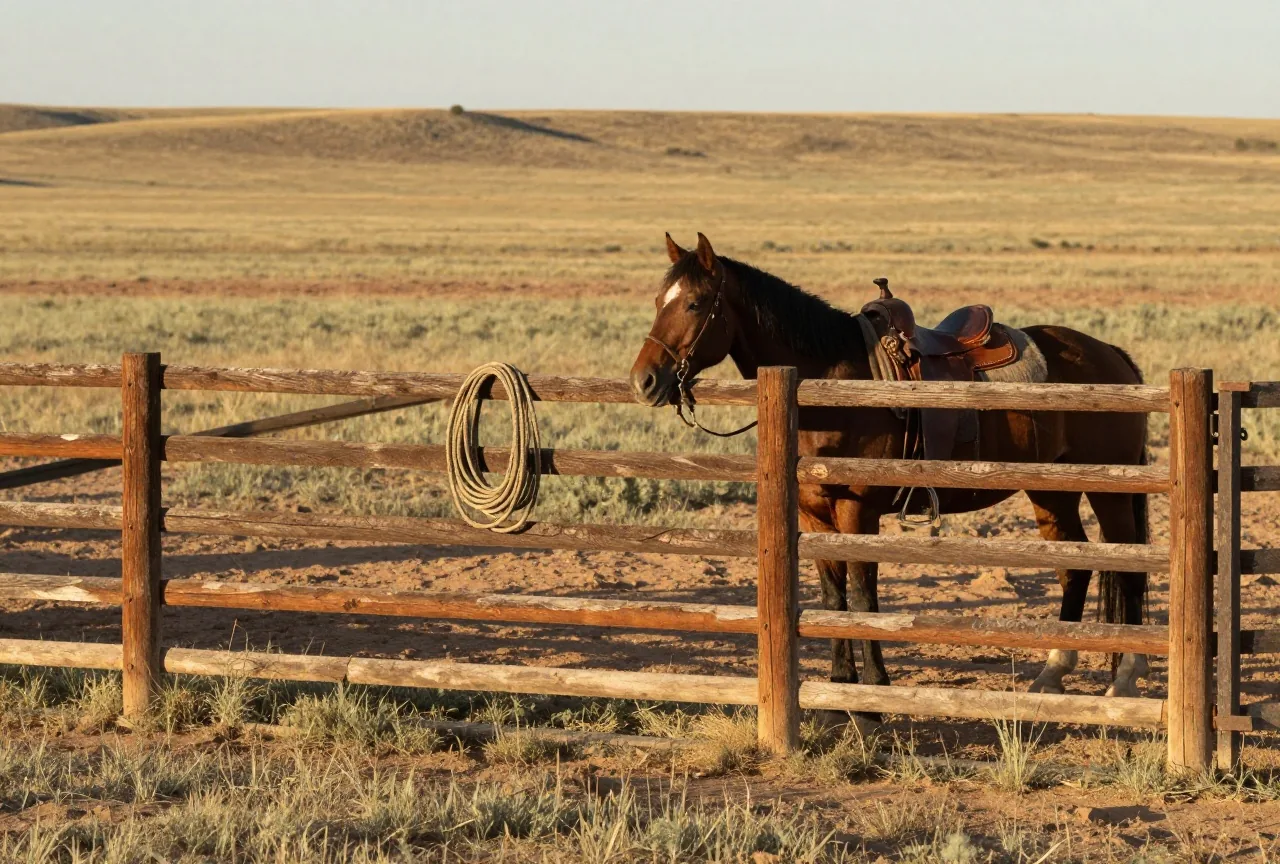 Holzkoppel einer Ranch auf offenem Grasland, ein gesatteltes Pferd an einem Pfosten und ein aufgerolltes Lasso über dem Zaun im warmen Nachmittagslicht