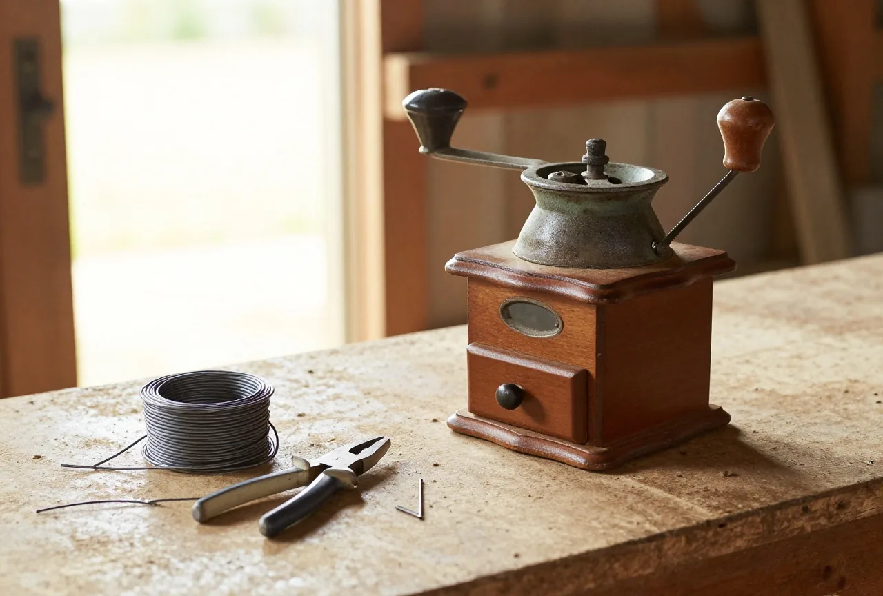 Alte Kaffeemühle aus Holz und Eisen auf einer Werkbank in einer Scheune, daneben eine Rolle glatter Draht, eine Zange und kurze gebogene Drahtstücke, Licht fällt durch ein Scheunentor