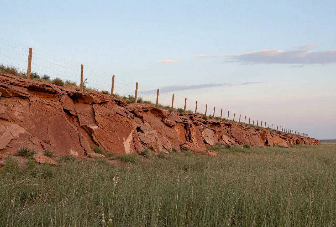Lange Zaunlinie aus Holzpfosten und Stacheldraht am Rand eines roten Canyons im Panhandle von Texas, davor Präriegras, darüber ein weiter Himmel im Abendlicht