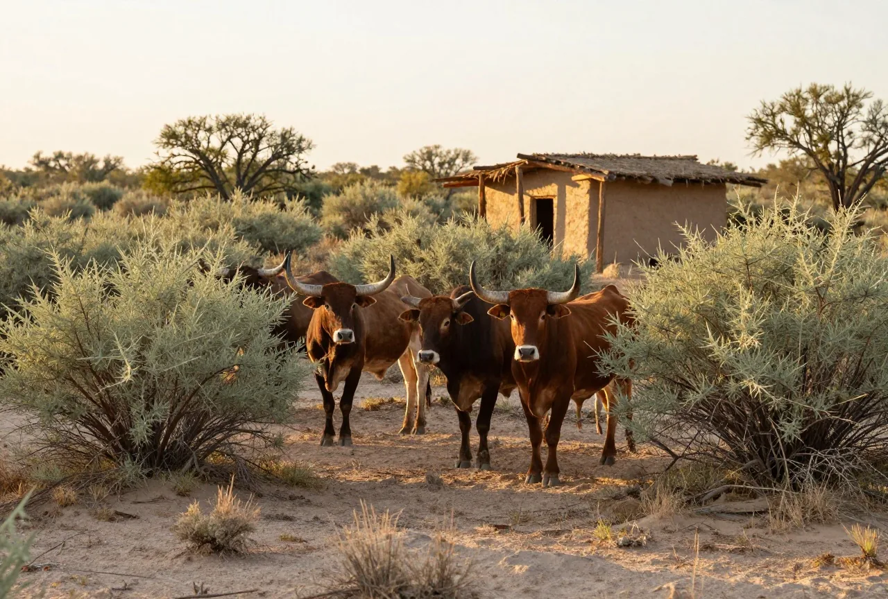 Dichtes Mesquite-Buschland in Südtexas mit einigen Longhornrindern zwischen den Sträuchern und einer einfachen Hütte aus Pfählen und Lehm im warmen Nachmittagslicht
