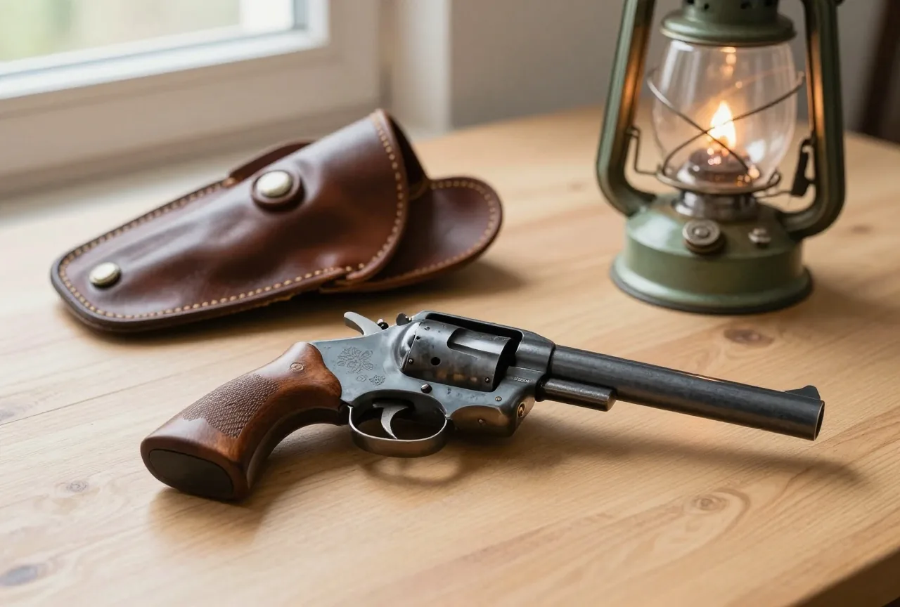 Älterer Revolver mit Holzgriff auf einem Holztisch neben einem offenen Lederholster und einer Petroleumlampe, weiches Licht durch ein Fenster