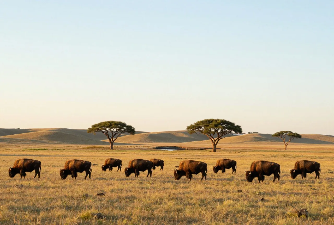 Weite Grasprärie mit einer kleinen Bisonherde vor sanften Hügeln im späten Nachmittagslicht