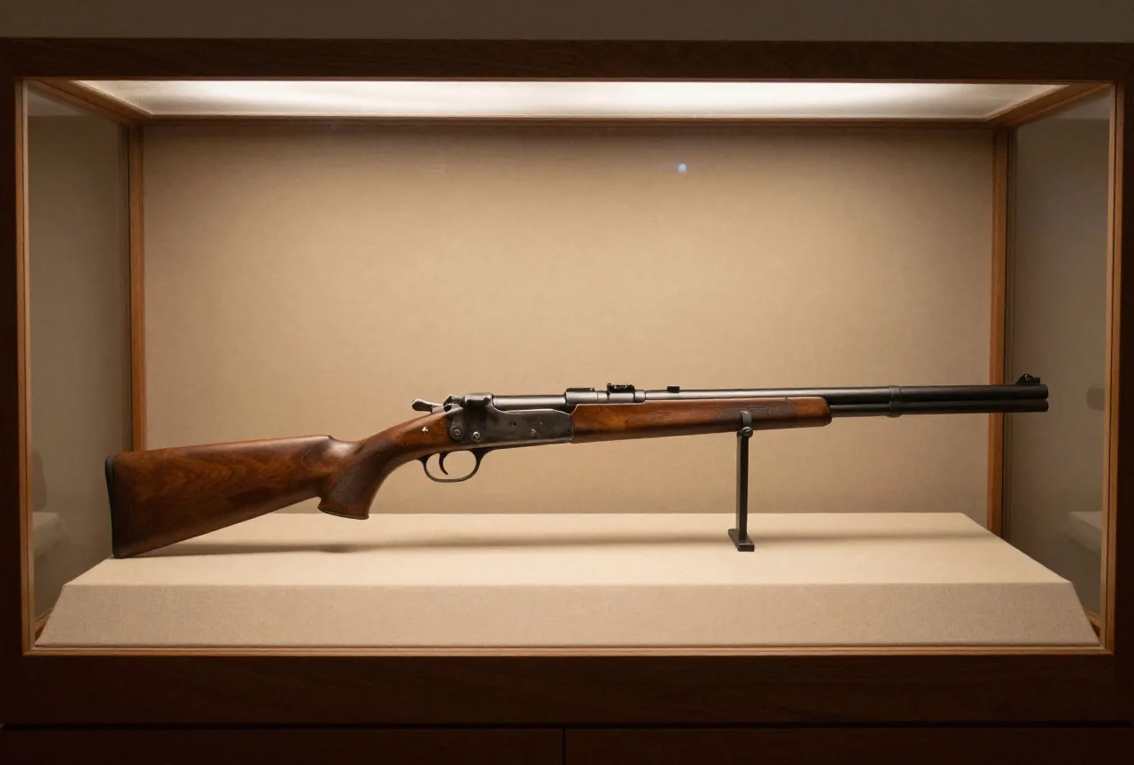 Repetiergewehr mit Unterhebel und achteckigem Lauf auf einem Stoffpolster in einer Museumsvitrine aus Holz und Glas, gedämpftes Licht