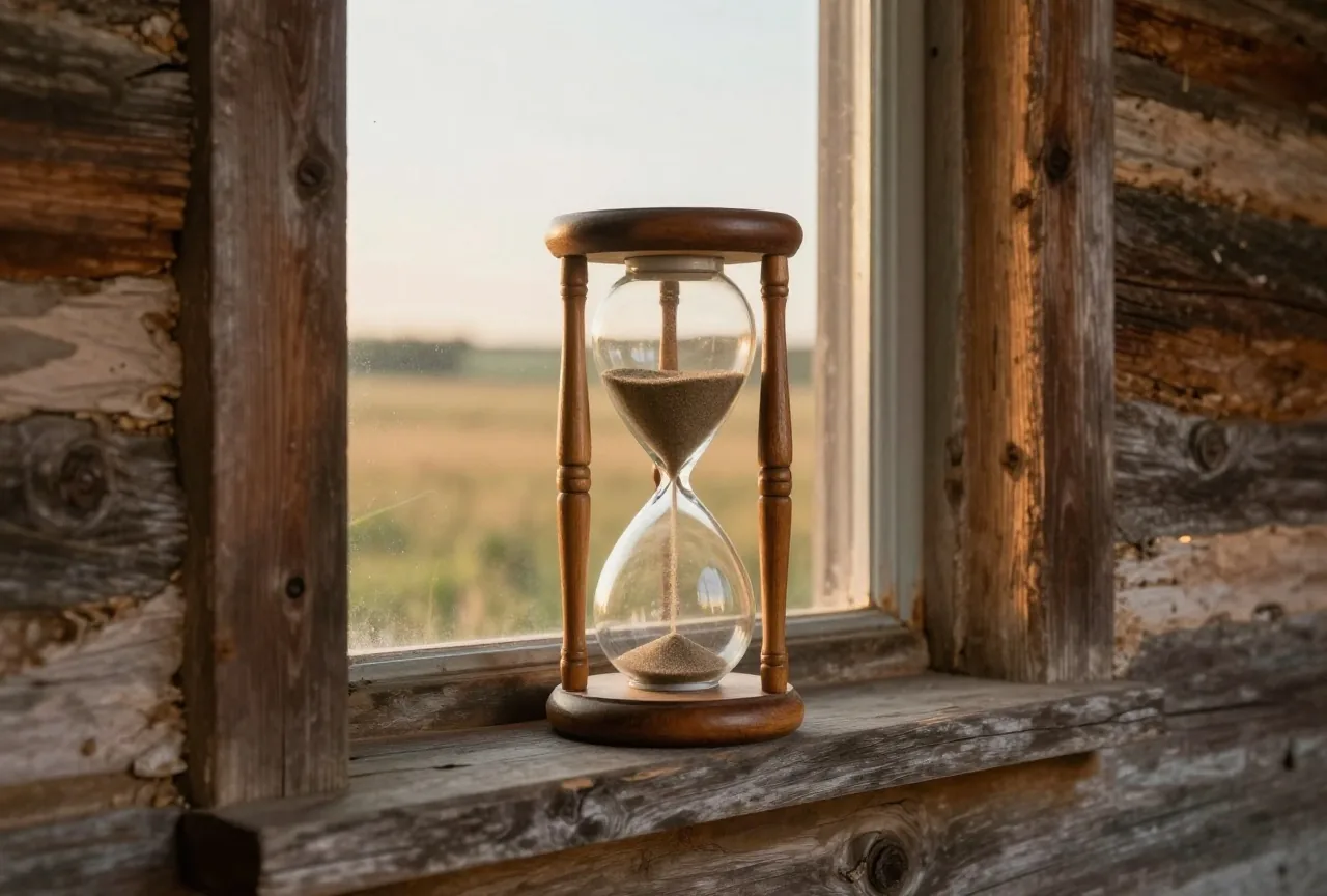 Eine Sanduhr aus Holz und Glas auf dem Fenstersims eines Blockhauses, draußen Prärie im Abendlicht