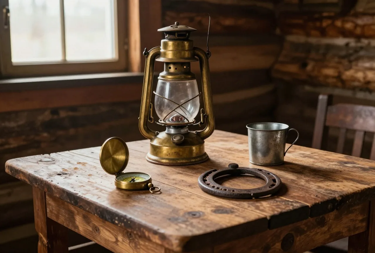 Ein alter Holztisch in einer Blockhütte mit einer Petroleumlampe aus Messing, einem aufgeklappten Kompass, einem Hufeisen und einer verbeulten Blechtasse im warmen Licht durch ein kleines Fenster