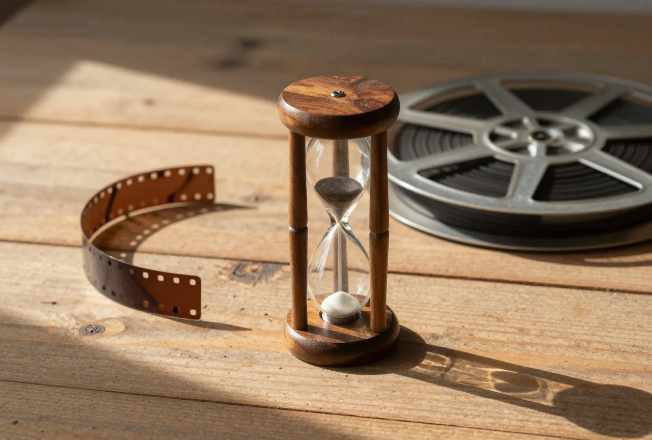 Eine Sanduhr aus Holz und Glas auf einem alten Tisch, daneben eine aufgewickelte Filmrolle aus Metall, im schrägen Licht der Nachmittagssonne