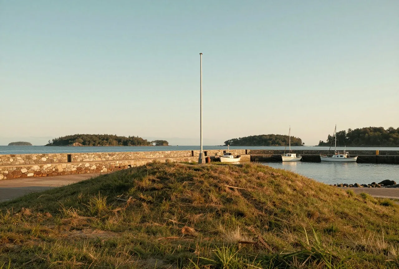 Grasbewachsener Hügel über einem kleinen Hafen mit niedriger Steinbrüstung und einem leeren Fahnenmast, unten Fischerboote und bewaldete Inseln unter klarem Himmel im Abendlicht