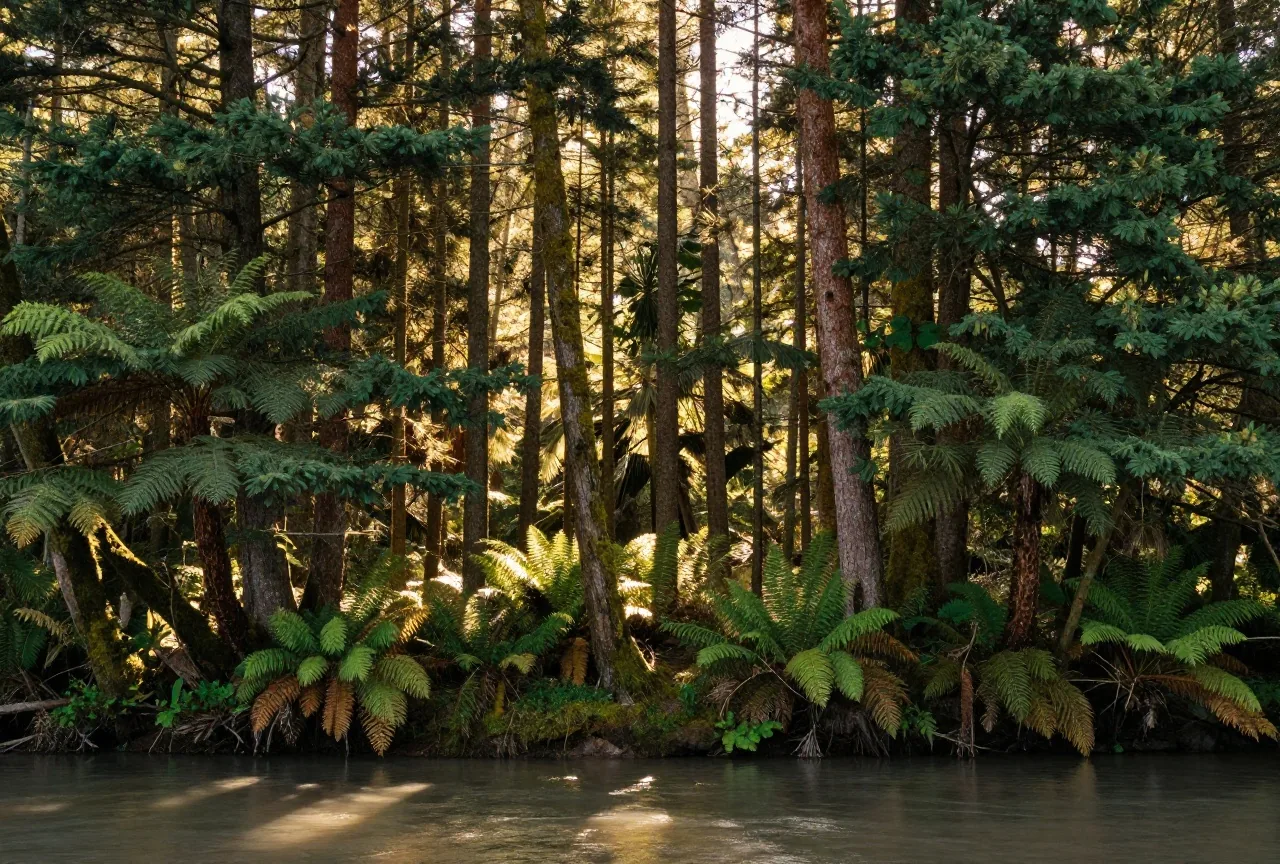 Gemäßigter Küstenregenwald mit hohen Fichten, moosbedeckten Stämmen und Farnen an einer stillen Flussmündung, Licht fällt schräg durch die Bäume
