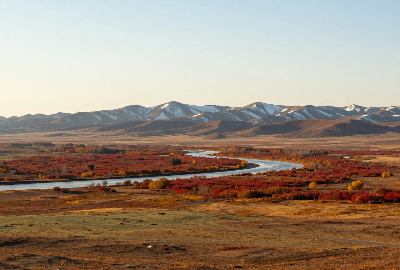 Weite Tundra in leuchtenden Herbstfarben aus Rot, Gold und Braun mit einem gewundenen Fluss, dahinter eine Bergkette mit erstem Schnee unter hohem Himmel