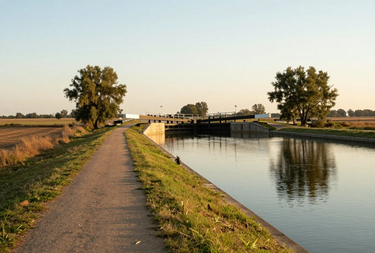 Stiller, gerader Kanal mit Treidelpfad aus Gras, Weiden und Pappeln, flaches Ackerland im warmen Licht am späten Nachmittag