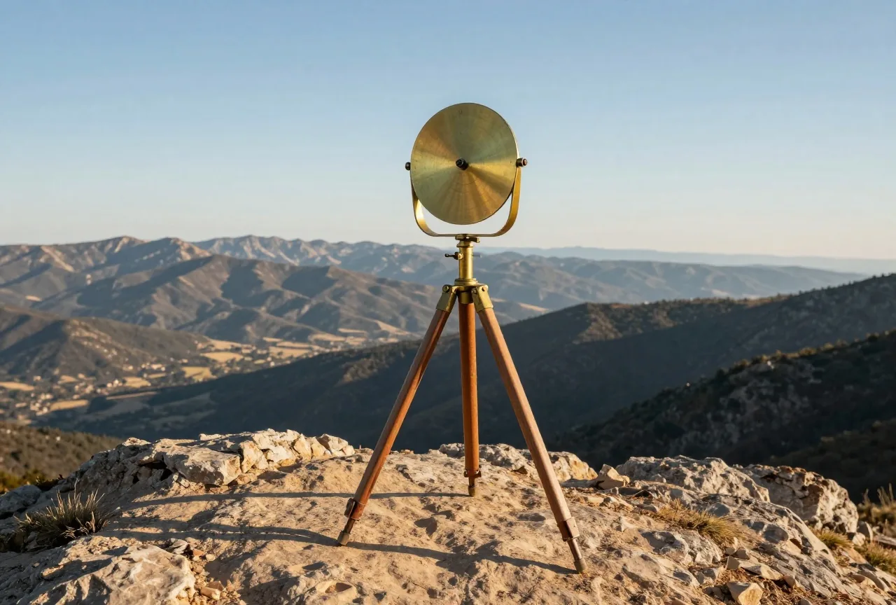 Spiegelgerät aus Messing und Holz auf einem Dreibein auf einem felsigen Berggipfel, dahinter weite Täler und Bergketten im klaren Licht der späten Nachmittagssonne