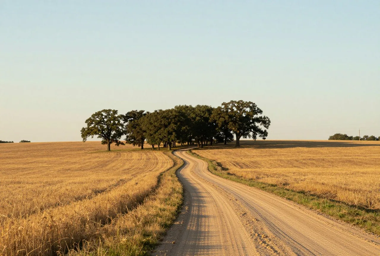 Sanft gewellte Landschaft in Missouri mit einem Feldweg durch goldenes Gras und einer Reihe von Eichen unter weitem Himmel im warmen Nachmittagslicht