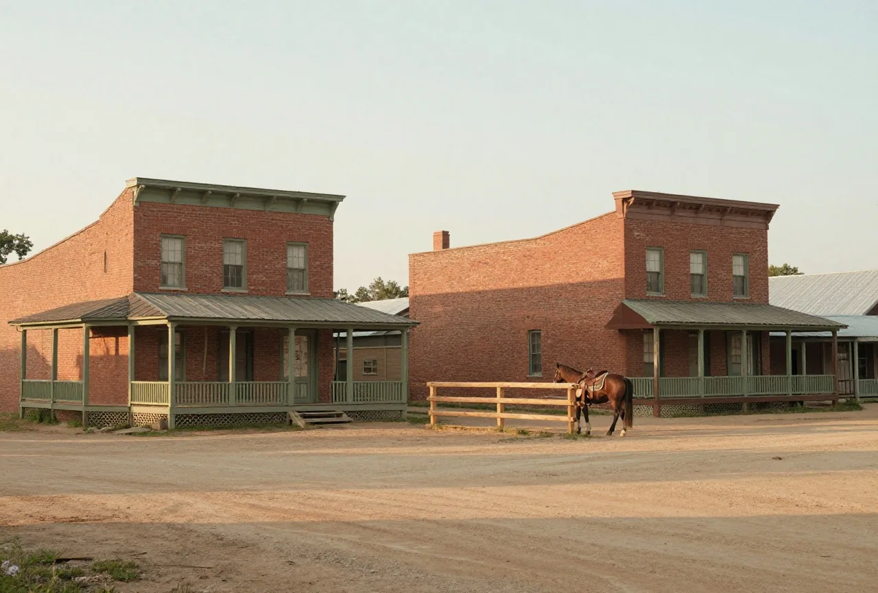 Stadtplatz einer kleinen Stadt in Missouri am frühen Abend, zweistöckige Häuser aus Backstein und Holz um einen ungepflasterten Platz, an einem Balken ein einzelnes angebundenes Pferd