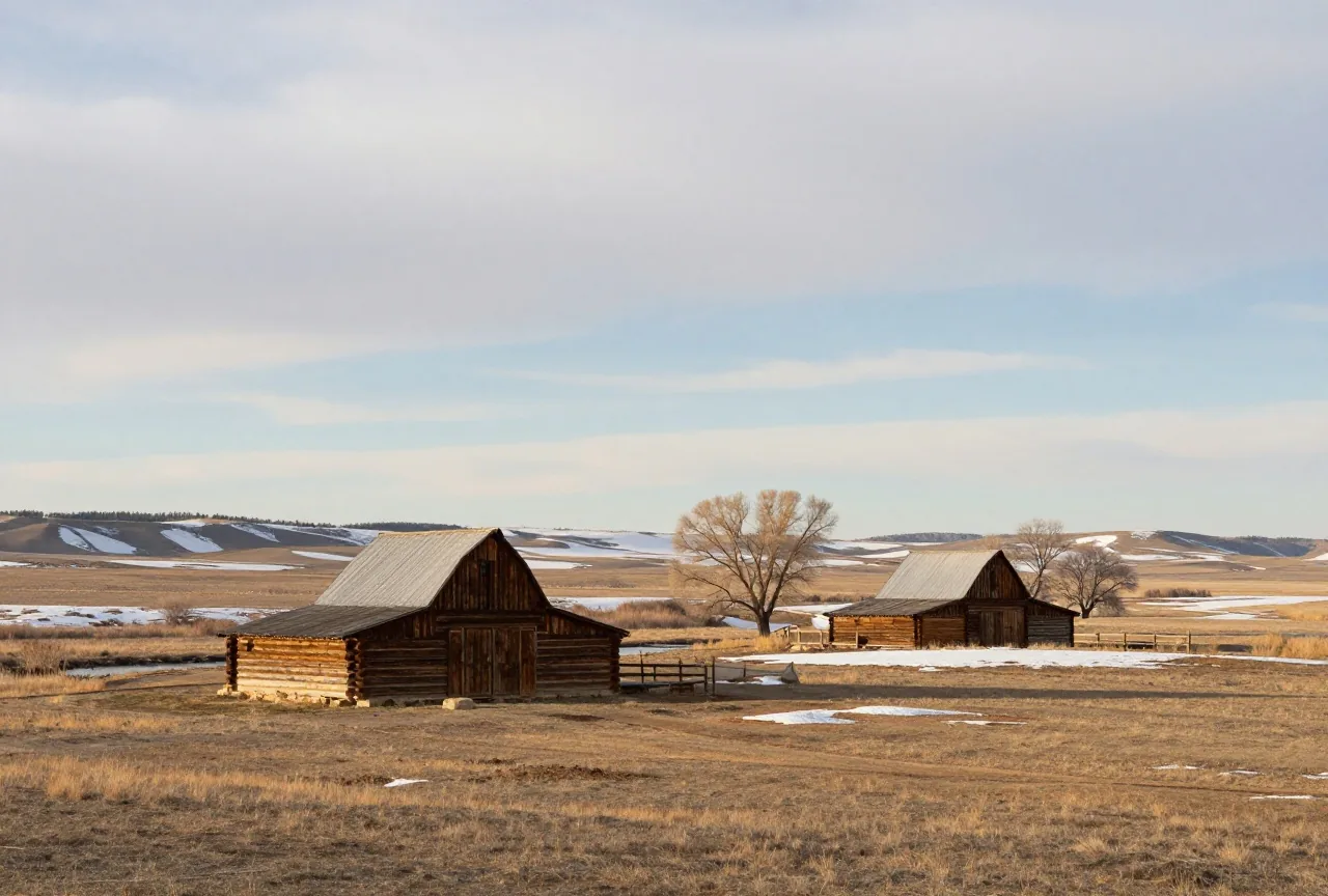 Einsame Blockhütte und kleine Holzscheune in der offenen Prärie am Powder River in Wyoming im frühen Frühling, Schneereste, Pappeln an einem Bach und weiter Himmel