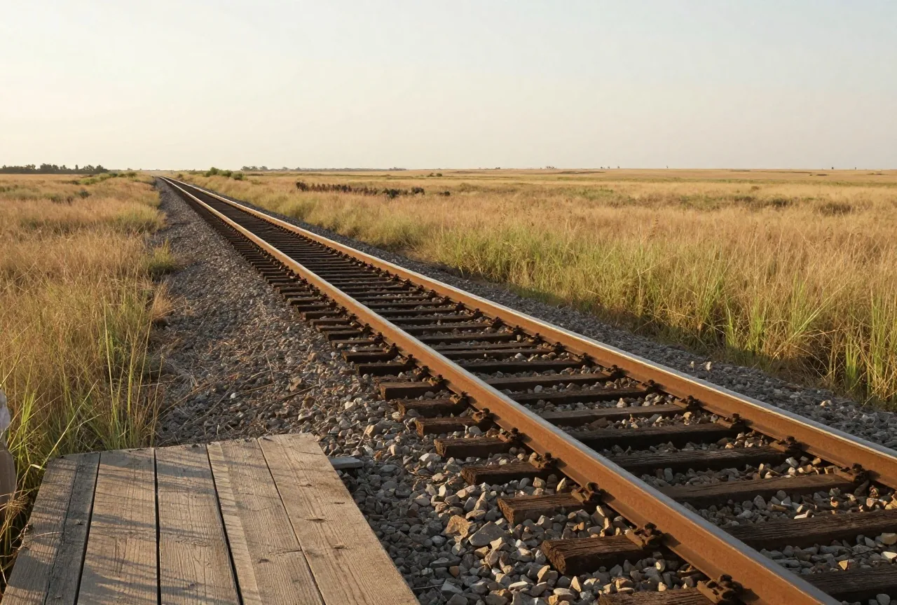 Bahngleis auf Holzschwellen über die weite Prärie, daneben eine niedrige Holzplattform im Abendlicht
