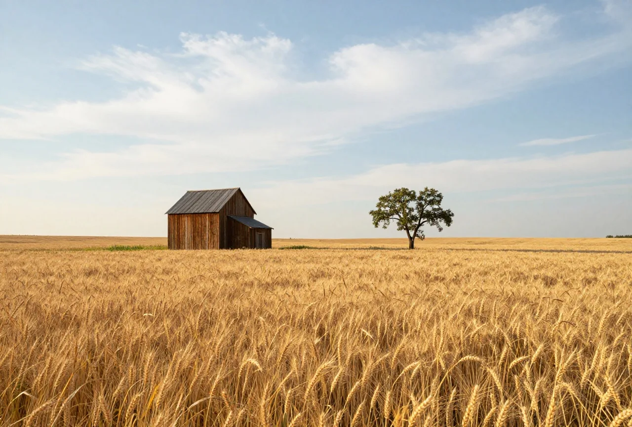 Goldenes Feld mit reifem Winterweizen auf der Ebene von Kansas, daneben ein verwitterter Getreidespeicher aus Holz und eine einzelne Pappel unter weitem Himmel im Nachmittagslicht