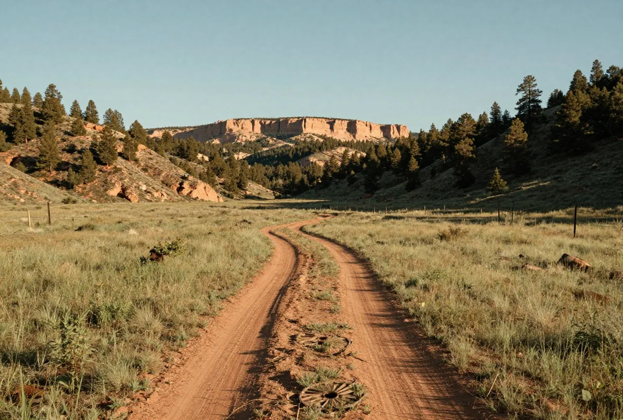 Schwache Wagenspuren eines alten Weges ziehen durch ein grasiges Tal zwischen bewaldeten Hügeln und einem Tafelberg im Norden von New Mexico