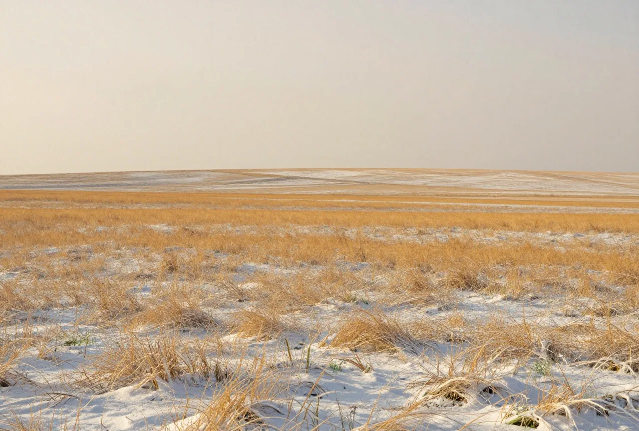 Leicht verschneite Prärie im grauen Winterlicht, aus dem Schnee ragt goldenes Gras, dahinter eine weite Ebene