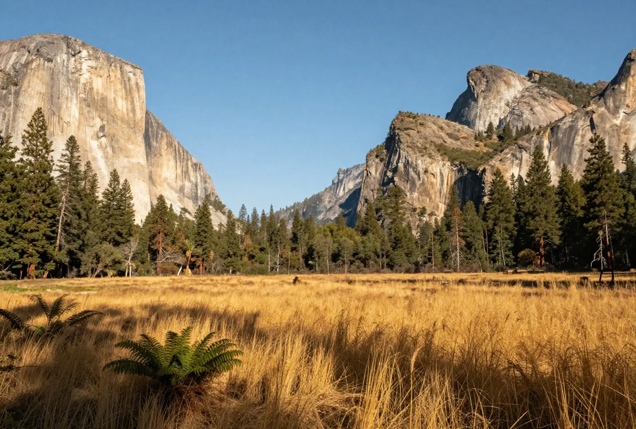 Wiese im Yosemite-Tal mit goldenem Gras, hohen Kiefern und hellen Granitwänden im warmen Nachmittagslicht