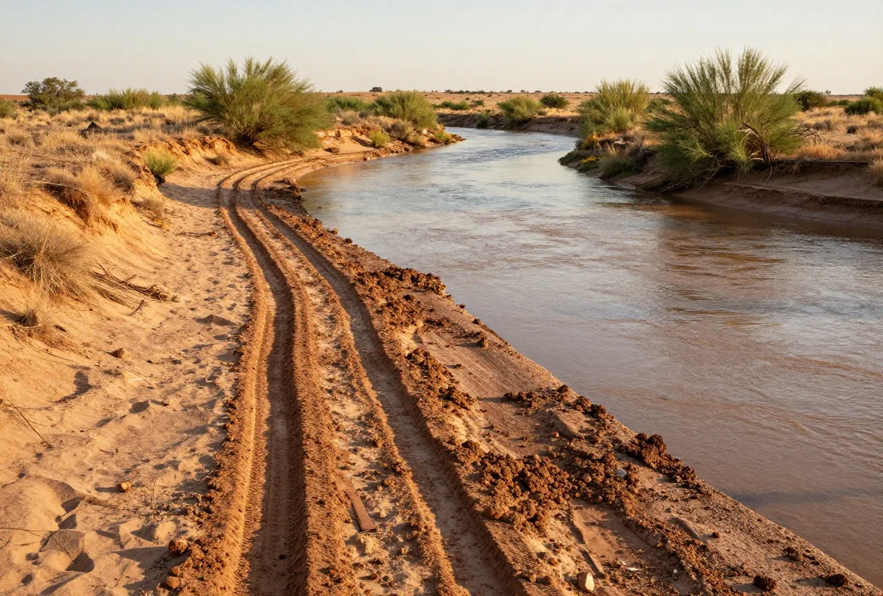 Breite Furt eines flachen Flusses in einer trockenen Ebene mit Mesquitebüschen, frische Wagenspuren im Uferschlamm, warmes Licht der späten Nachmittagssonne