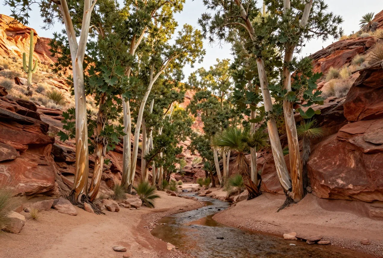 Breiter Canyon mit flachem Bach, hohen Platanen mit heller Rinde am Ufer, roten Felswänden und Saguaro-Kakteen an den Hängen im warmen Nachmittagslicht