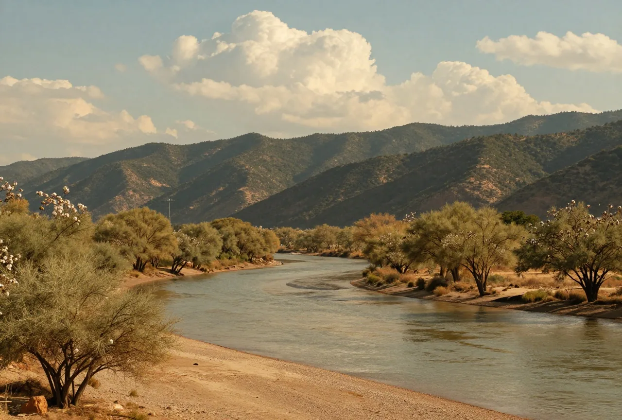 Weites Flusstal mit Mesquite-Bäumen und Pappeln, dahinter bewaldete Berge unter einem hohen Himmel mit Quellwolken im späten Nachmittagslicht