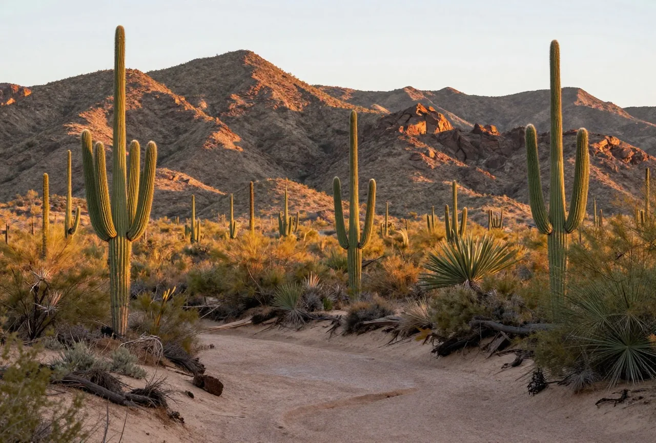 Wüstenlandschaft mit Saguaro-Kakteen und Kreosotbüschen am Fuß einer Bergkette, ein trockenes Bachbett im Vordergrund, warmes Abendlicht