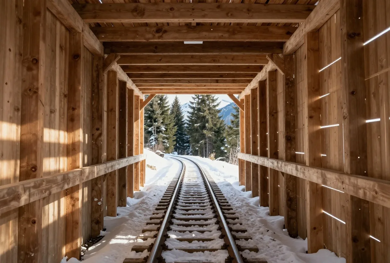Langer hölzerner Schneetunnel über einem Bahngleis im Gebirge, Licht fällt in Streifen durch die Fugen der Bretter, draußen Schnee und dunkle Tannen, warmes Abendlicht