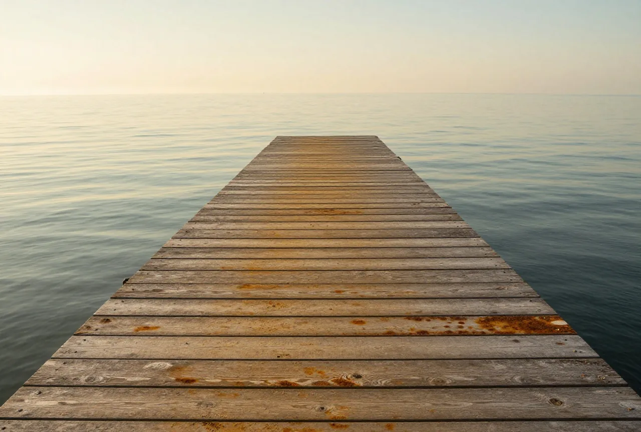 Verwitterter Holzsteg an einem Hafen, der in ruhiges Wasser einer Bucht hinausführt, im warmen Licht des späten Nachmittags