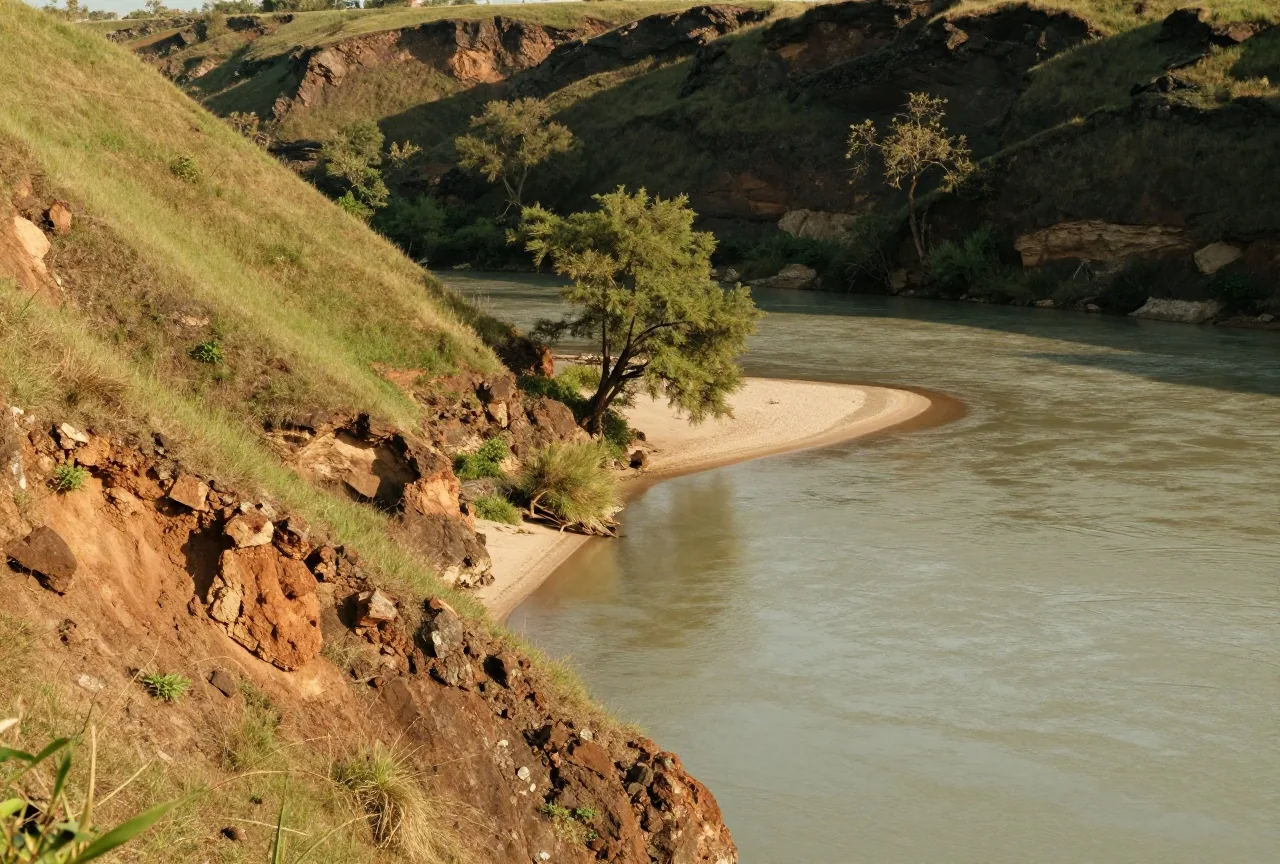 Steile grasbewachsene Canyonhänge über einem breiten Fluss an einer stillen Bucht mit kleiner Sandbank, im Hintergrund dunkle Basaltfelsen im späten Nachmittagslicht